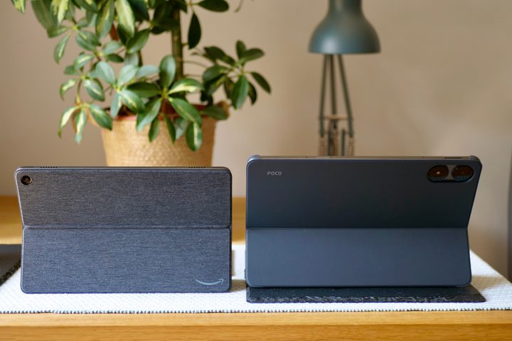 The back of the Amazon Fire Max 11 and Poco Pad.