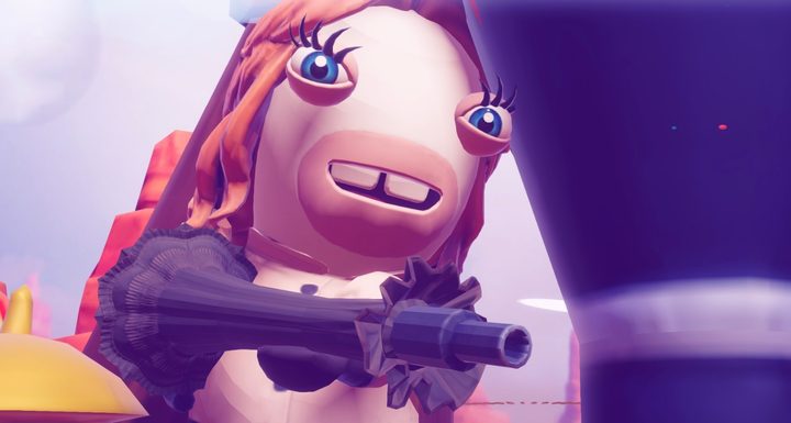 A Rabbid holds an umbrella gun in Rabbids: Legends of the Multiverse.