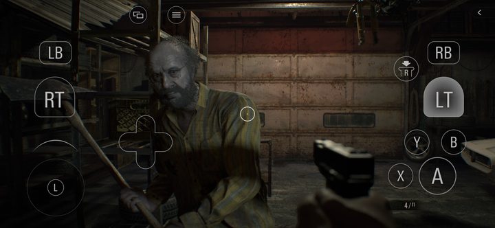 The iPhone controls for Resident Evil 7. There are a bunch of buttons on screen, and Jack Baker is in the center.