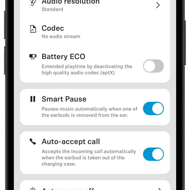 Sennheiser Smart Control app for iOS: settings.