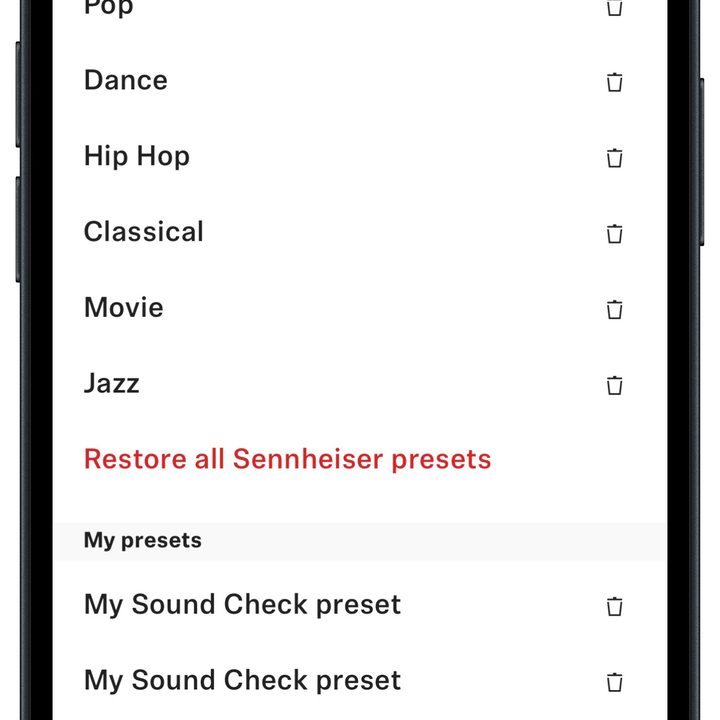 Sennheiser Smart Control app for iOS: EQ presets.