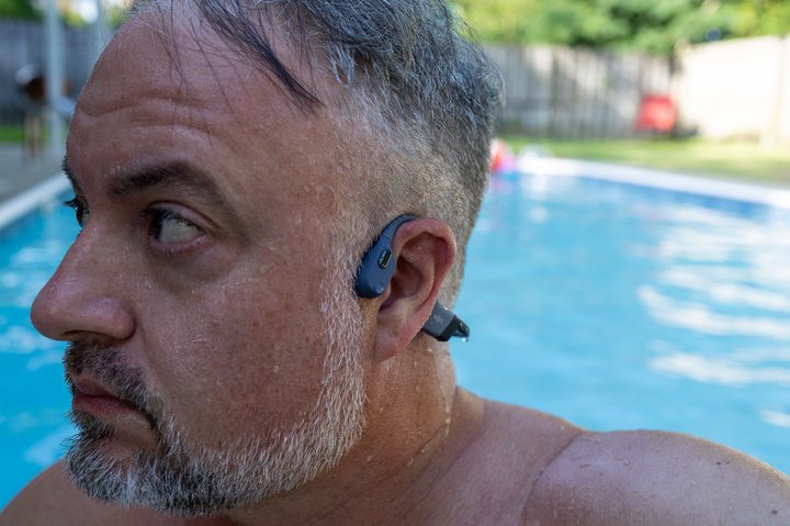 The Shokz OpenSwim Pro on a very wet Phil Nickinson.