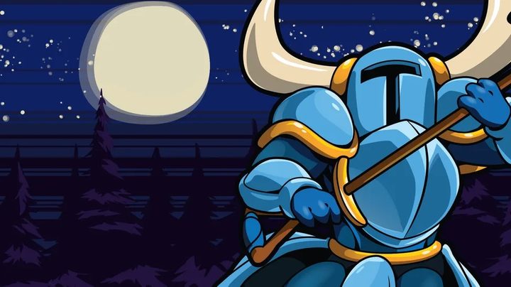 Shovel Knight with his weapon standing in front of a night sky with a full moon.