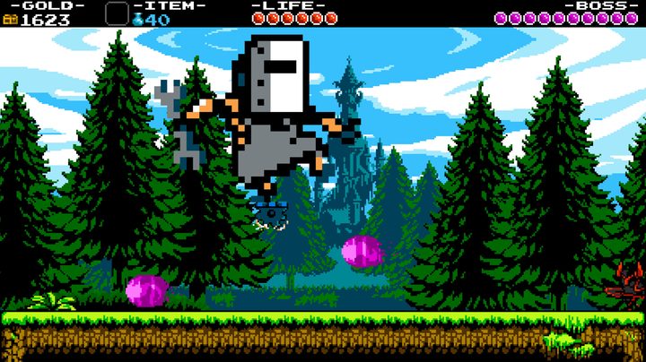 Giant Shovel Knight hopping over obstacles in Shovel Knight: Shovel of Hope DX