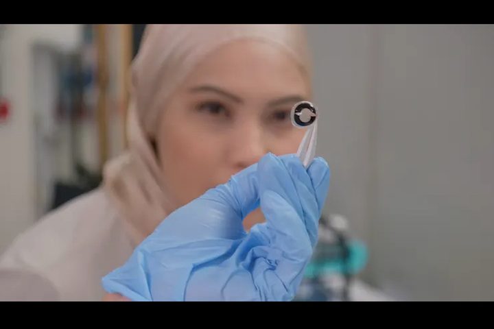 A thin battery inside a contact lens.