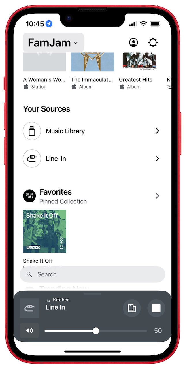 The Line-In selection in the new Sonos app.