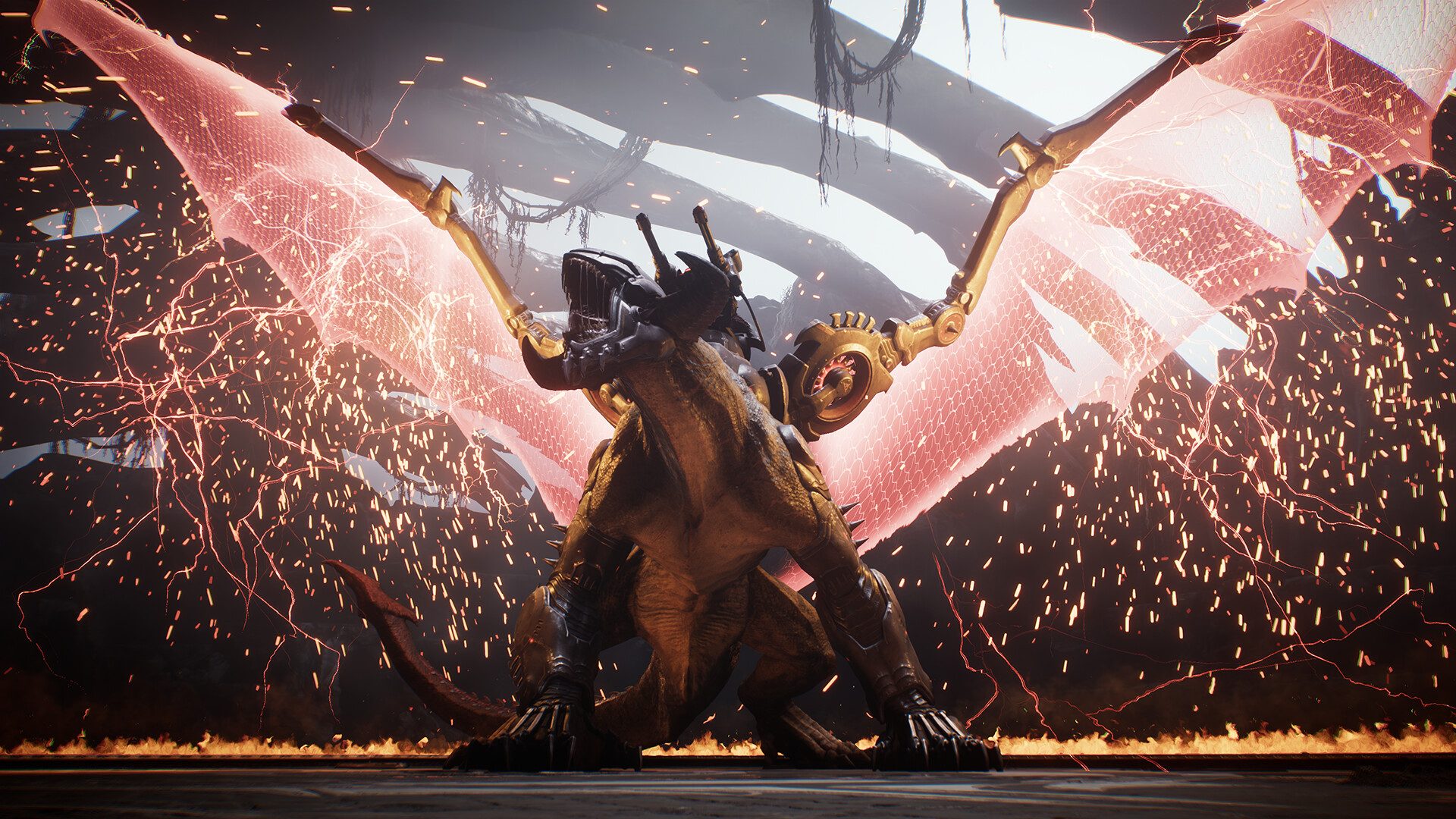 Doomslayer on a dragon with red wings.