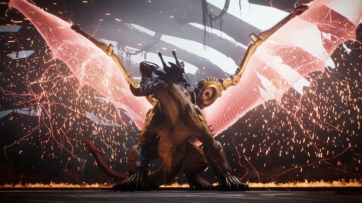 Doomslayer on a dragon with red wings.