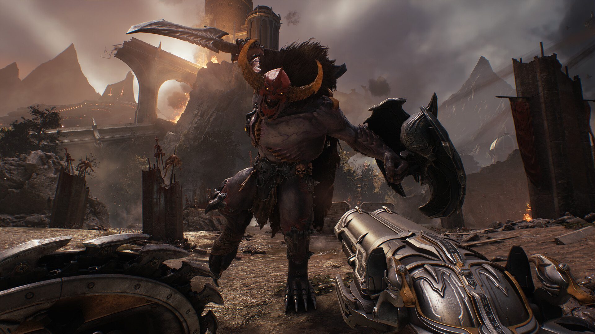 A demon with a sword attacking doomslayer.