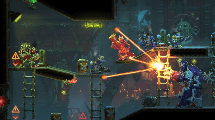 Multiple bots battle in Steamworld Heist 2.