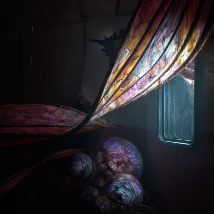 A fleshy monster sits near a door in Still Wakes the Deep.