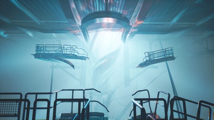 A beam of light surrounding a large tendril in between two broken metal platforms.