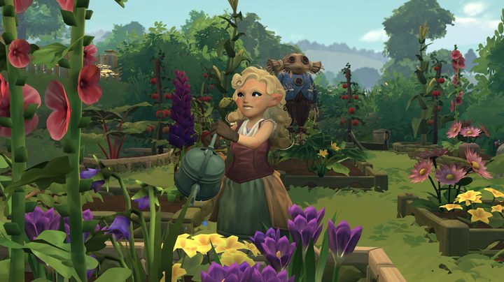 A hobbit waters flowers in Tales of the Shire.