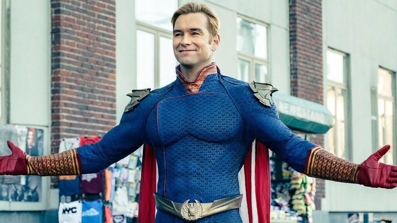 Homelander from The Boys with his arms outstretched and smiling.