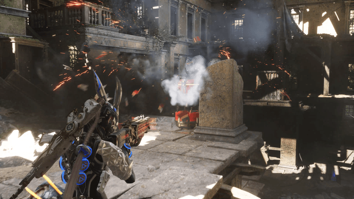 A Descendant in a robot suit fires a gun in The First Descendant.