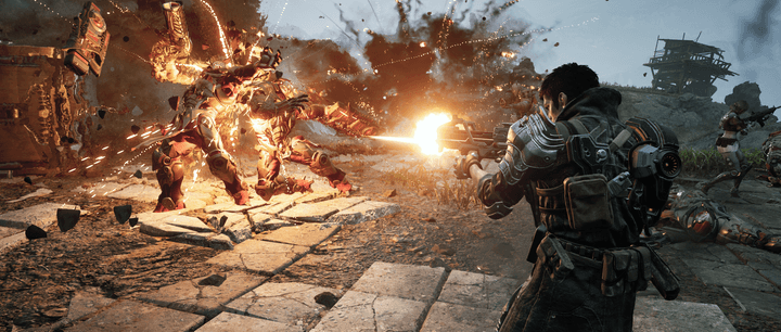 A human fires a gun at an enemy in The First Descendant.