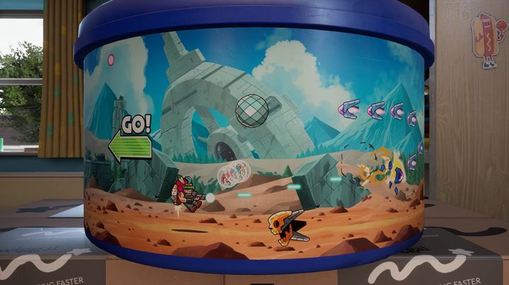 A space shooter wraps around a mug in The Plucky Squire.