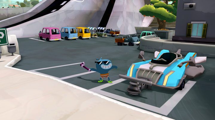 Terry winds up to smash a car in Tiny Terry's Turbo Trip.