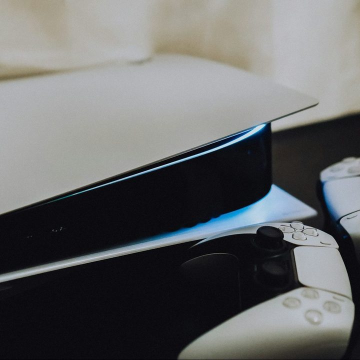 A PS5 with controllers.