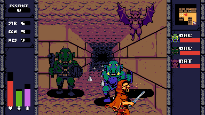 A character fights monsters in a UFO 50 minigame.