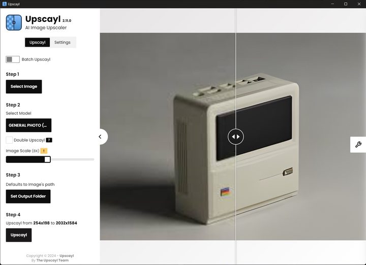 The Upscayl utility on Windows with a photo of an Ayaneo PC.