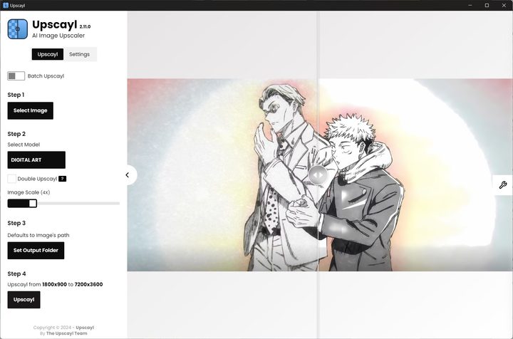 The Upscayl utility with an image from Jujutsu Kaisen.