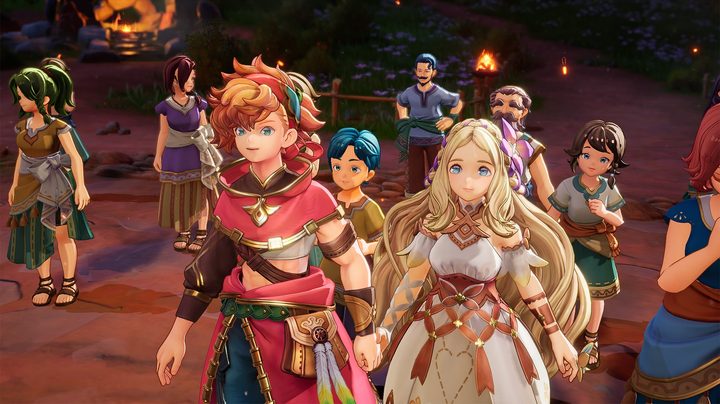 Val and Hinna standing side by side with other characters strewn in the background.