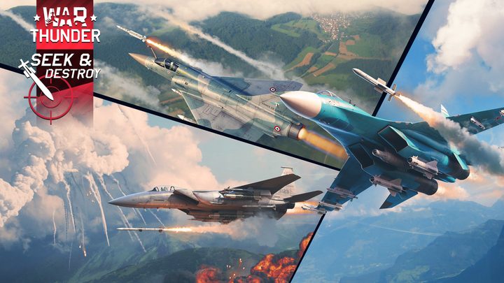 Three images of planes in War Thunder composited together. In the bottom left is a debris cloud that's actually from the Challenger explosion.