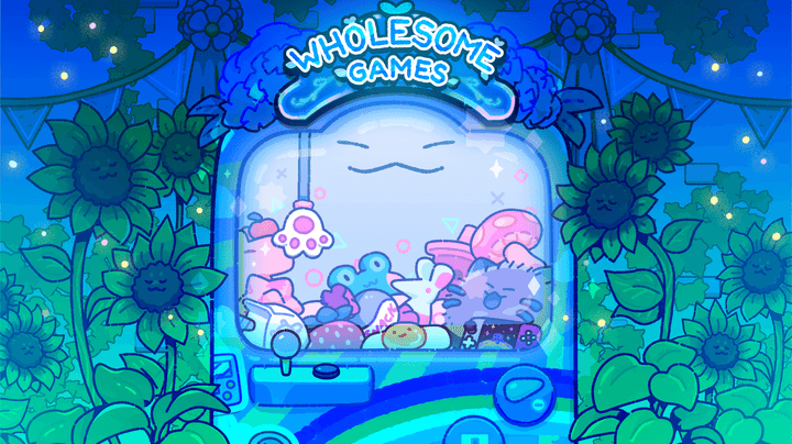 A Wholesome Direct promo image shows a claw machine full of plushies.