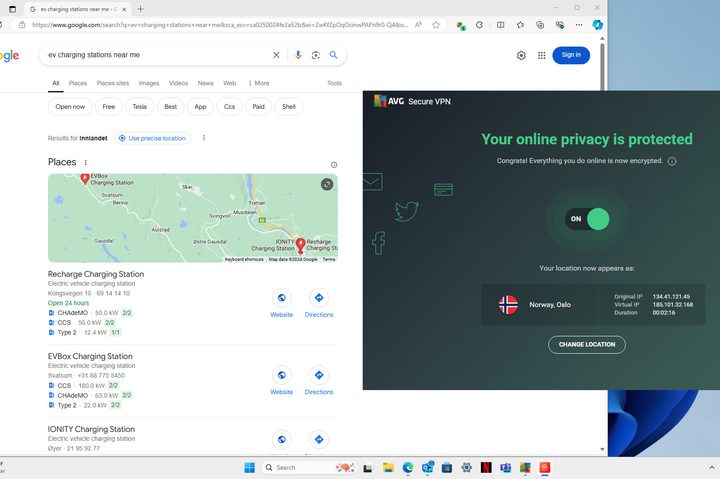 AVG Ultimate's VPN worked well, hiding my location from Google.
