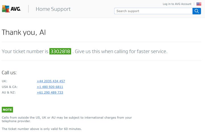 AVG's live chat didn't work, but I was able to call to get help.