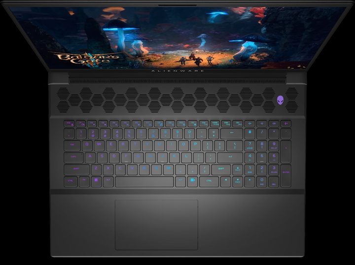 Bird's eye view of Alienware M18 R2 gaming laptop on a black background.