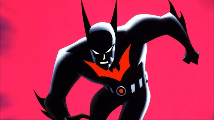 Batman Beyond key art featuring the hero on a neon pink background.