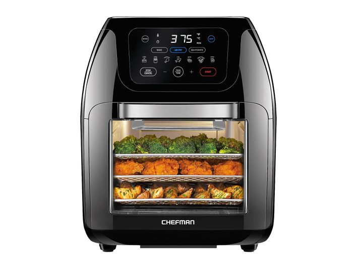 Three layers of food cooked at once in the Chefman 10-quart multifunctional air fryer.