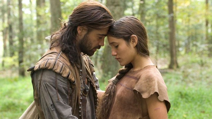 Colin Farrell and Q'Orianka Kilcher pressing their forheads together in The New World.