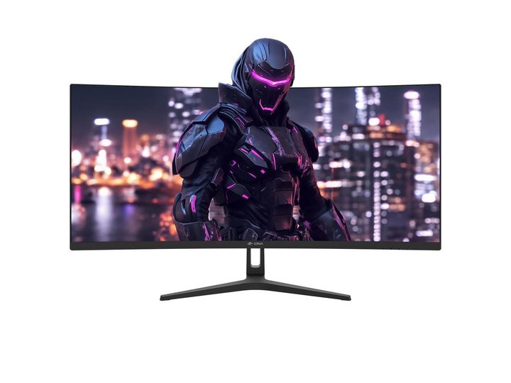 A front-view of a CRUA gaming monitor that appears to feature a computer game character on its screen that extends outside of the monitor.
