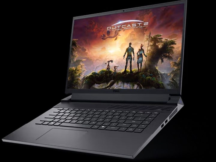 A Dell G16 gaming laptop on a black background.