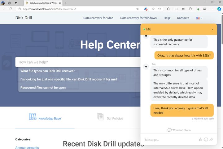 Disk Drill Pro comes with live chat for support.