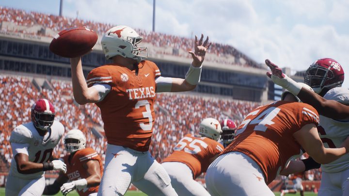 A quarterback throws the ball in EA Sports College Football 25.
