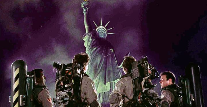 Four men look at the Statue of Liberty in Ghostbusters II.