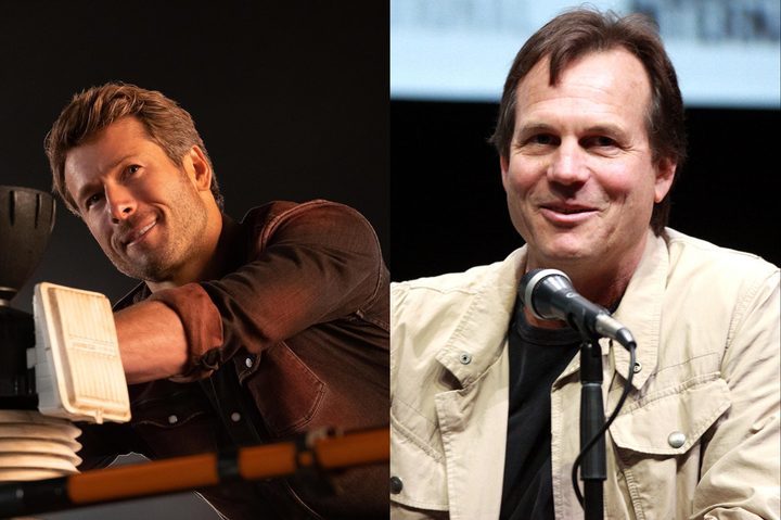 Glen Powell smiles on the left while Bill Paxton smiles on the right.