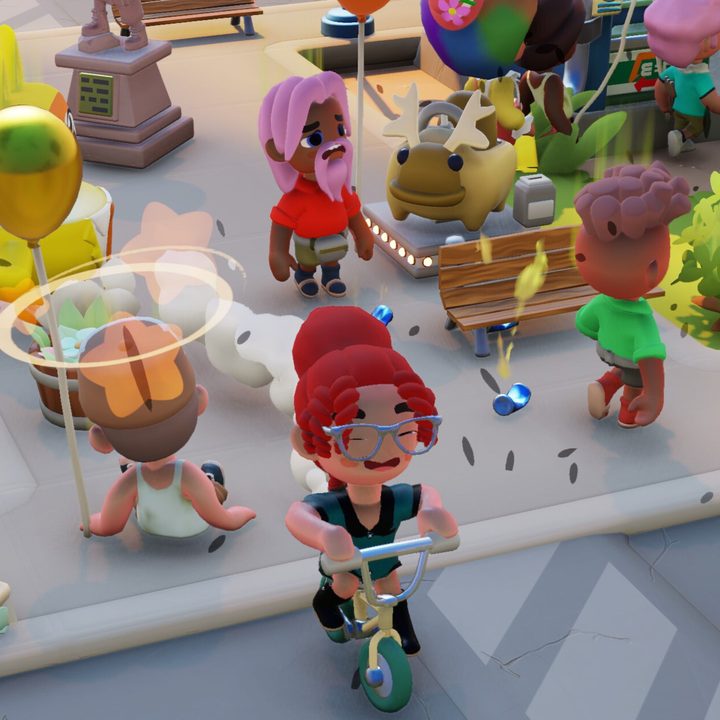 The player rides their bike through some townies in Go-Go Town.