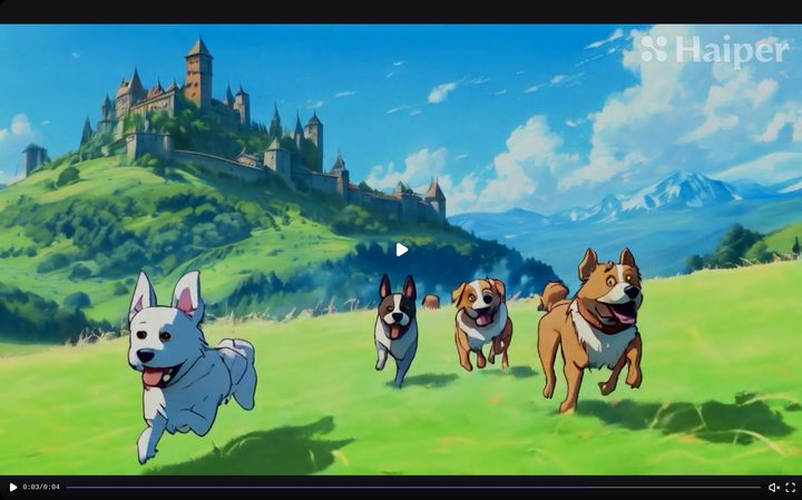 screenshot of generated video of dogs running in a meadow, Ghibli-style