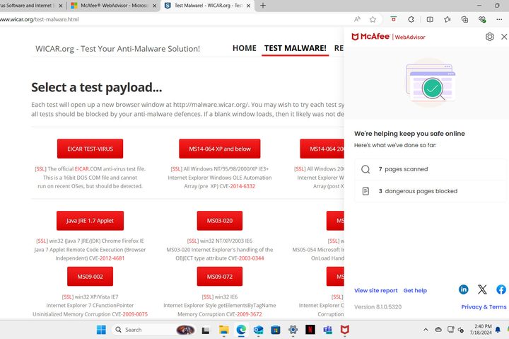 I tested McAfee antivirus at Wicar.org and it blocked the malware.
