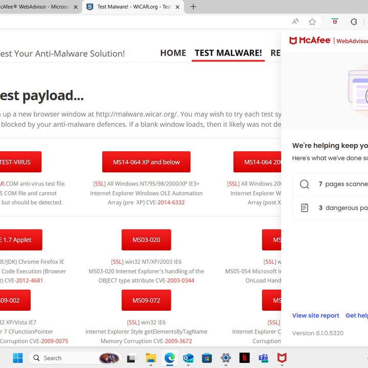 I tested McAfee antivirus at Wicar.org and it blocked the malware.