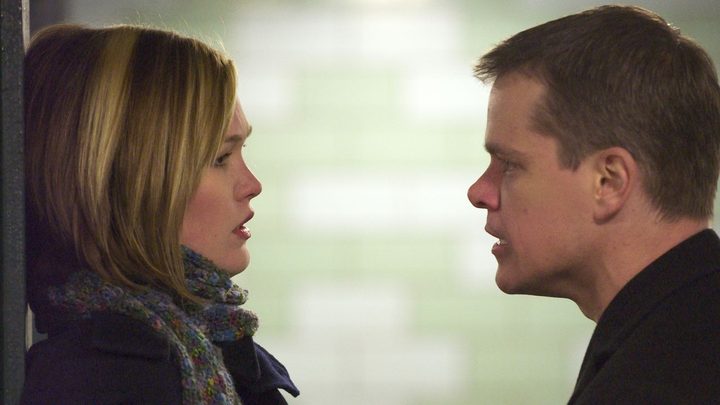 Matt Damon as Jason Bourne confronting Julia Stiles as Nicky in The Bourne Supremacy,