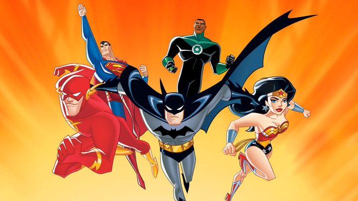 Flash, Superman, Batman Green Lantern, and Wonder Woman in action in Justice League.