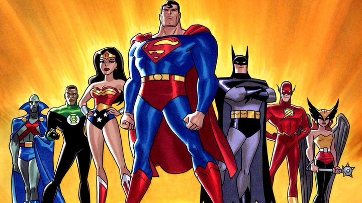 Superman leading the core members of the Justice League in Justice League Unlimited promo art.
