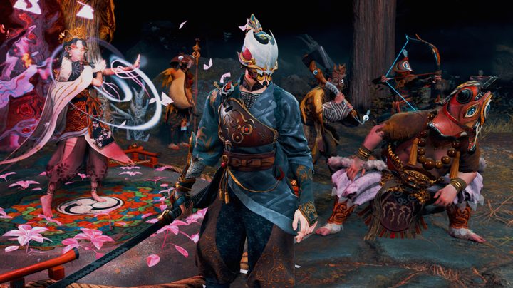 Soh, Yoshiro, and Villagers prepare for battle in Kunitsu-Gami: Path of the Goddess.