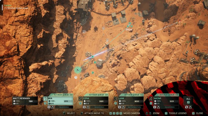 We see a battground in a top down view. Friendly mechs are marked, with lines indiacting the paths they are taking.